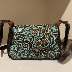 Patricia Nash Embossed Leather Crossbody Bag - Brown and Turquoise.
